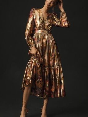 NWT Anthropologie Metallic Gold Long-Sleeve V-Neck Midi Dress